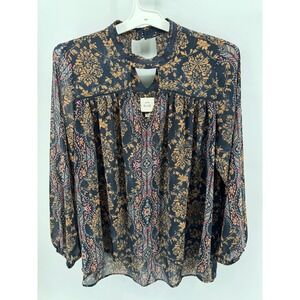 KNOX ROSE Women's XXL Black Floral Print Long Sleeve Mock Neck Keyhole Blouse